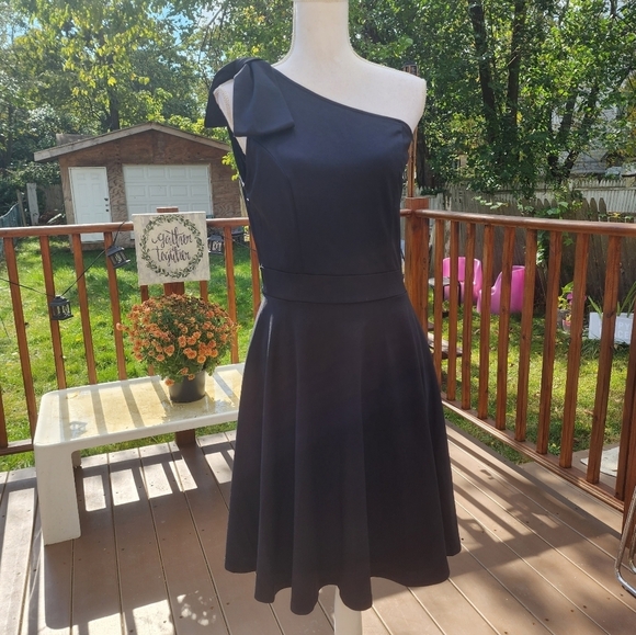 JASAMBAC Black Bow One Shoulder Cocktail Short Dress size M NWT - Picture 2 of 14